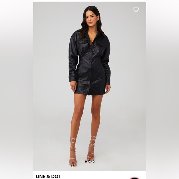 Line And Dot Black Faux Leather Mini Shirt Dress Women's, Size-Medium